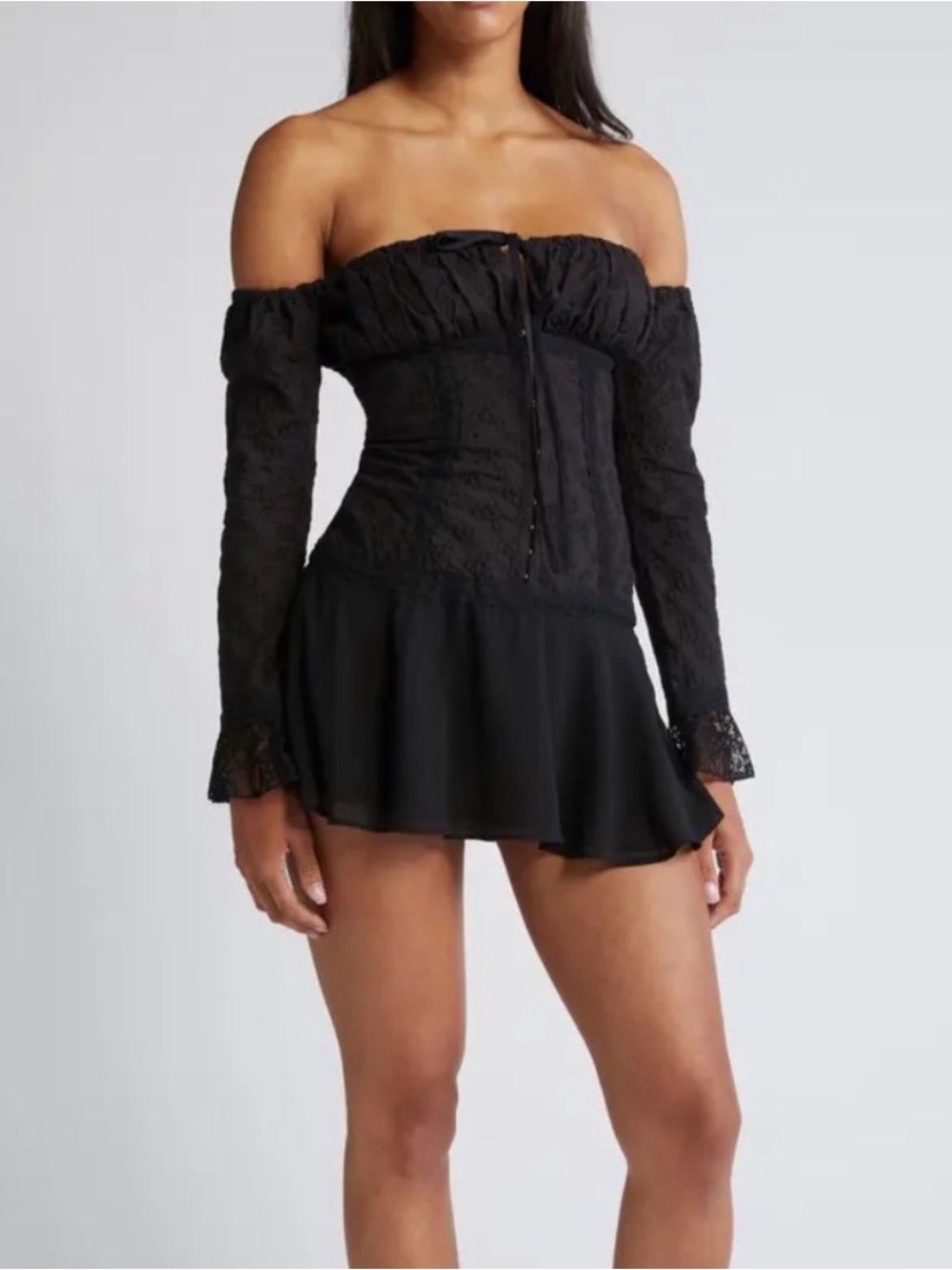 Off-Shoulder Black Mini Dress with Lace Bodice